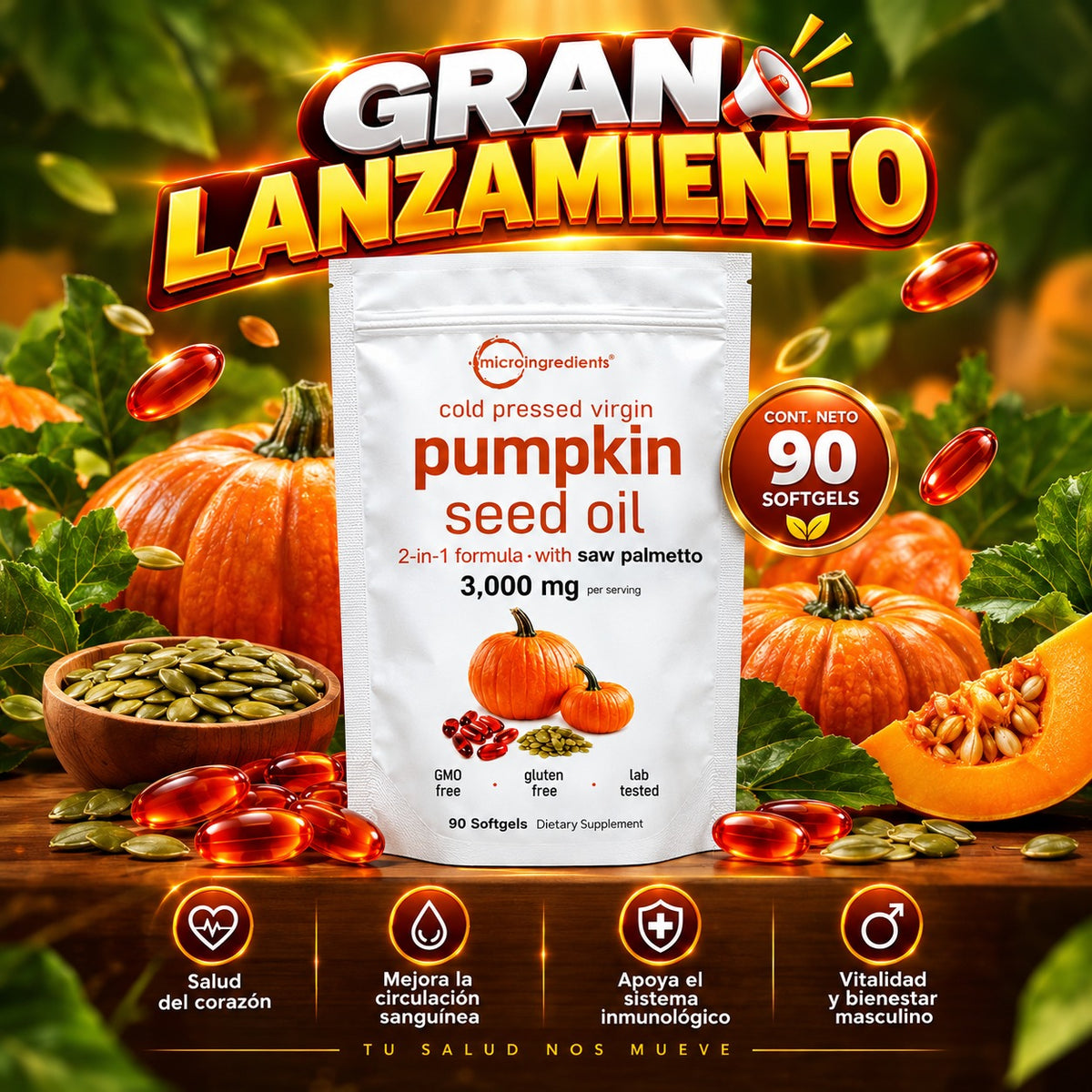 Pumpkin Seed Oil + Saw Palmetto — 90 Softgels | 3,000mg | Microingredients