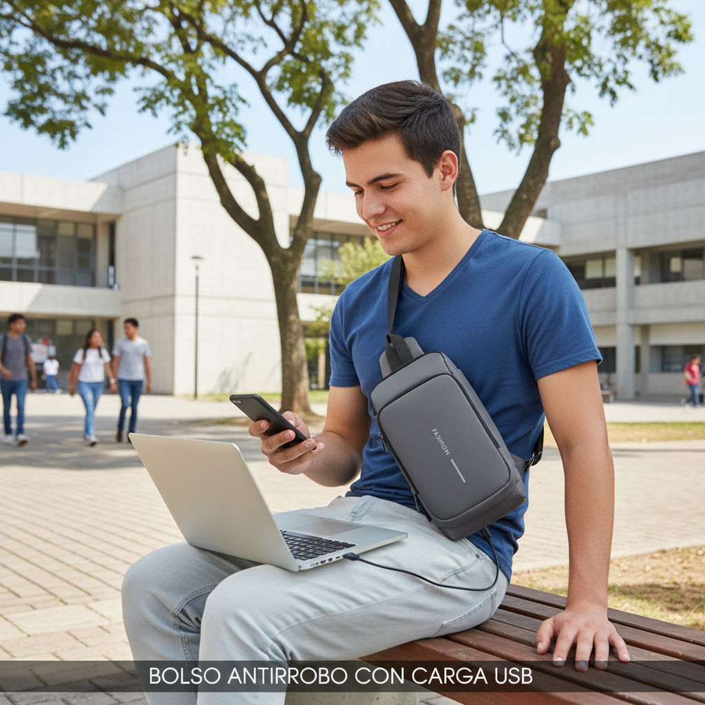 Estudiante guatemalteco usando puerto USB del bolso antirobo en campus - Funcionalidad inteligente