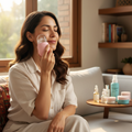 Mujer guatemalteca aplicando rodillo de hielo después de skincare - Reduce hinchazón en contorno de ojos