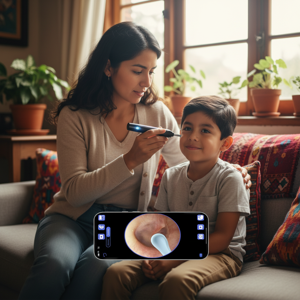 Mamá guatemalteca limpiando oído de niño con pantalla de celular mostrando cámara HD - Cuidado familiar seguro