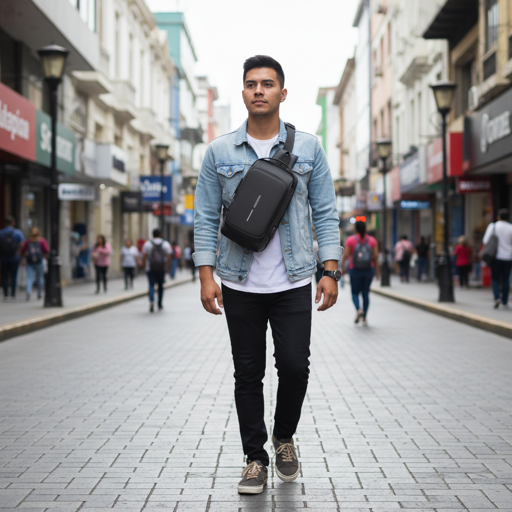 Hombre guatemalteco caminando seguro por ciudad con bolso antirobo - Protección urbana