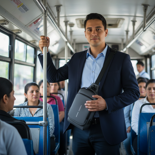 Profesional guatemalteco protegido con bolso antirobo en transporte público - Seguridad en espacios concurridos