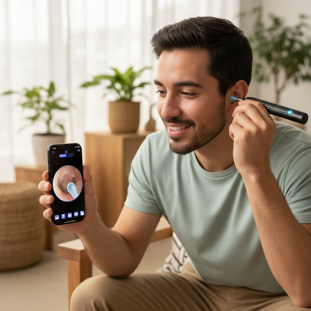Hombre guatemalteco usando limpia oídos con cámara viendo imagen HD en su celular