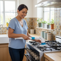 Mujer guatemalteca limpiando cocina fácilmente con cepillo eléctrico giratorio