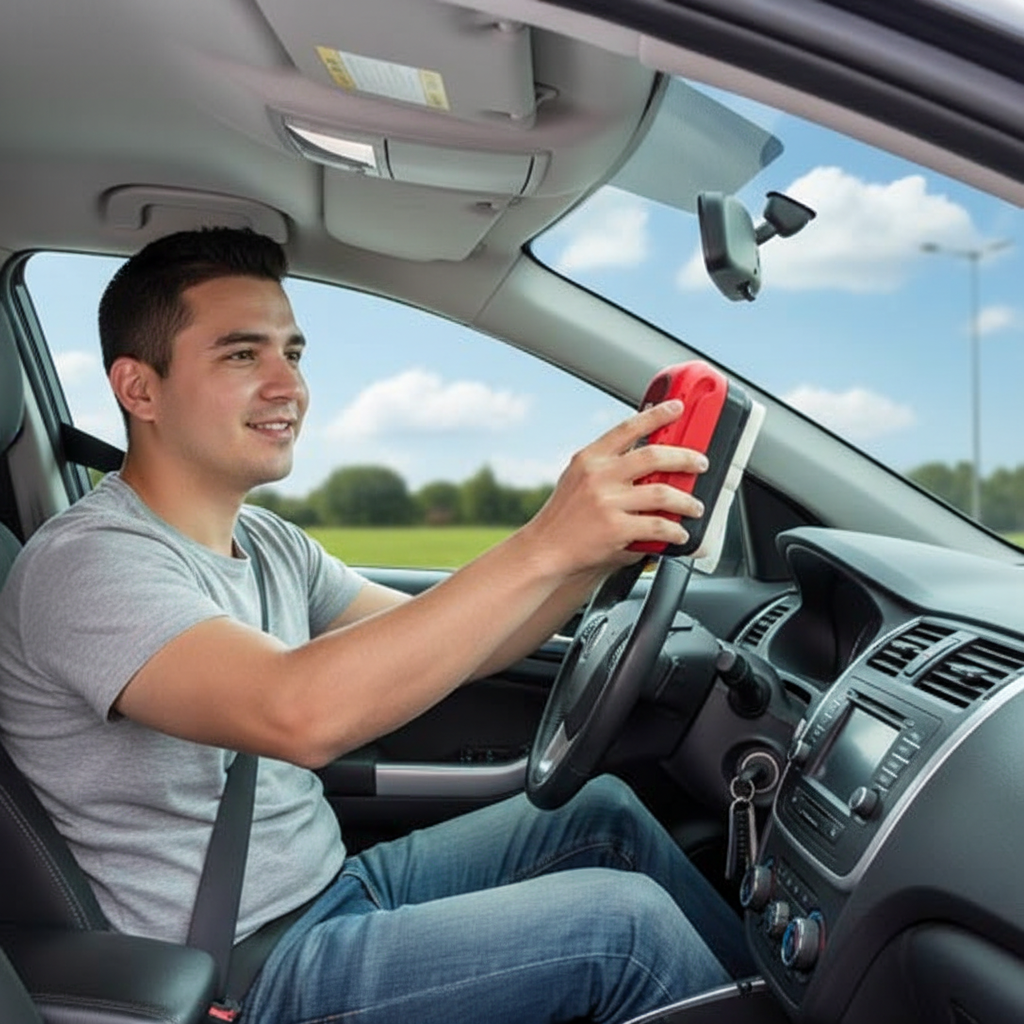 Hombre guatemalteco aplicando Oil Film desde interior del vehículo - Fácil aplicación