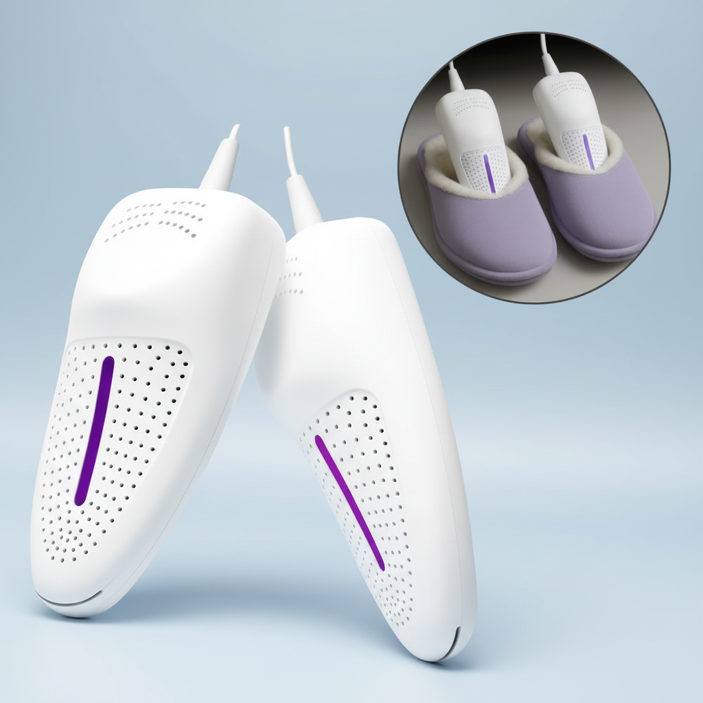 Secadores de zapatos USB portátiles blancos con detalles morados - Se distinguen perfectamente