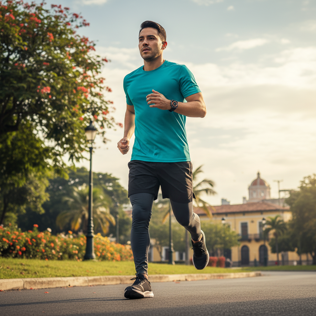 Hombre guatemalteco corriendo con smartwatch monitoreando ejercicio y salud