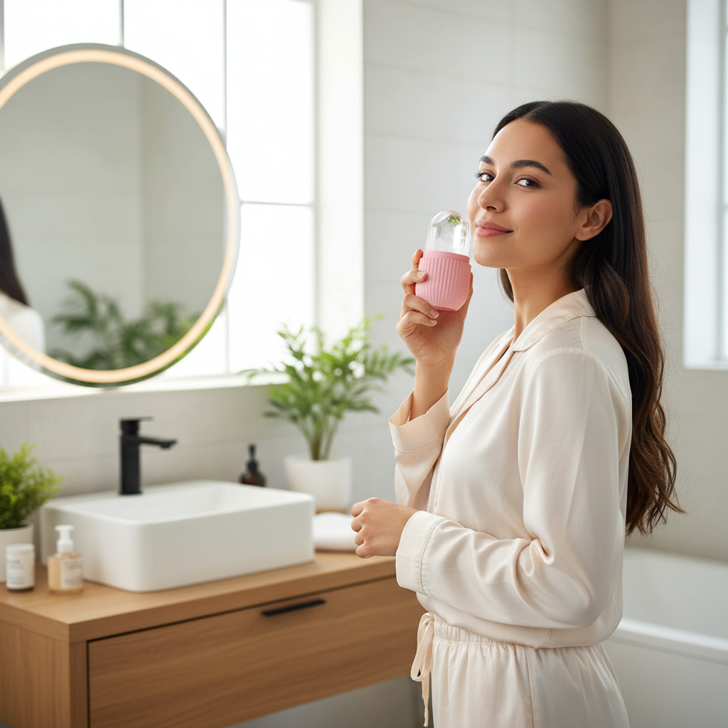 Mujer guatemalteca usando rodillo de hielo facial rosa en rutina matutina - Piel fresca y radiante